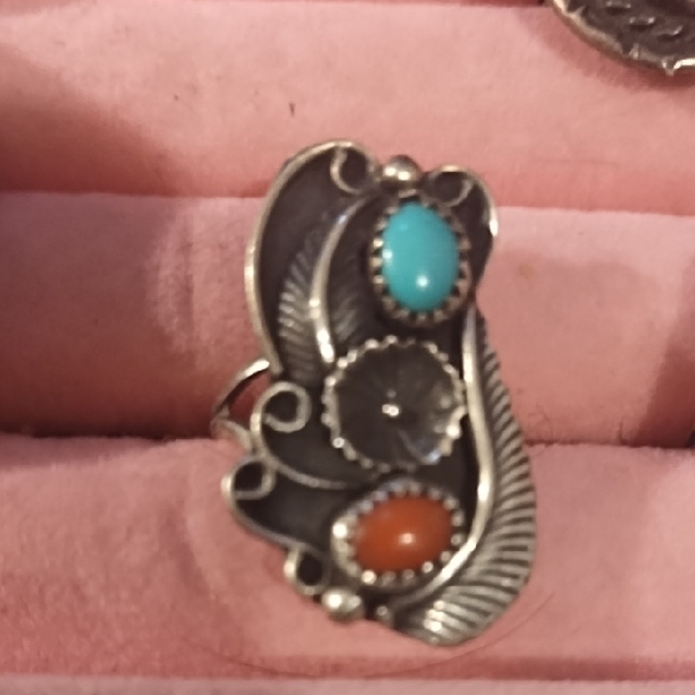 Navajo Sterling Ring with Turquoise and Coral Stones